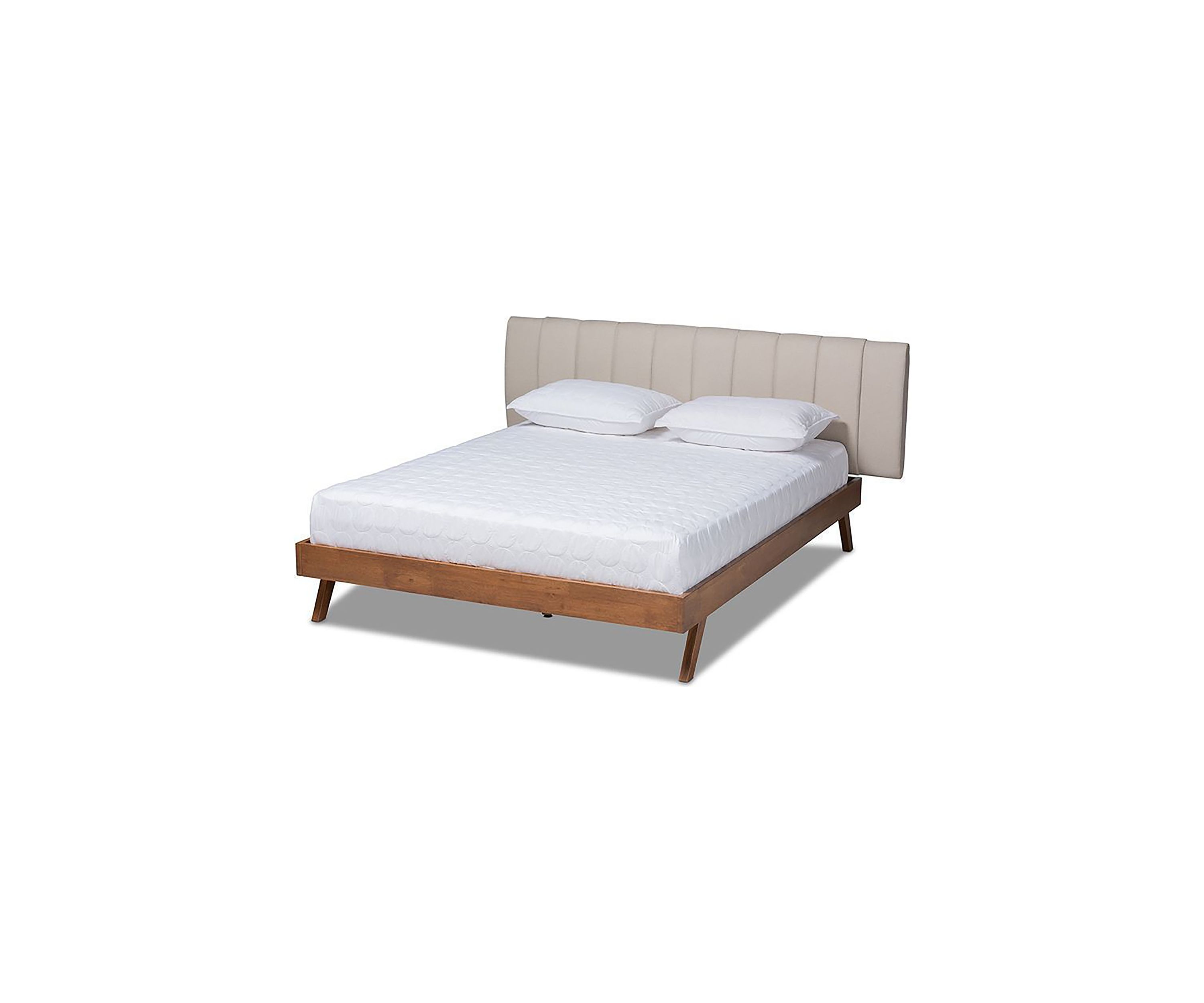 Brita Mid-Century Modern Light Beige Fabric Upholstered Walnut Finished Wood Bed