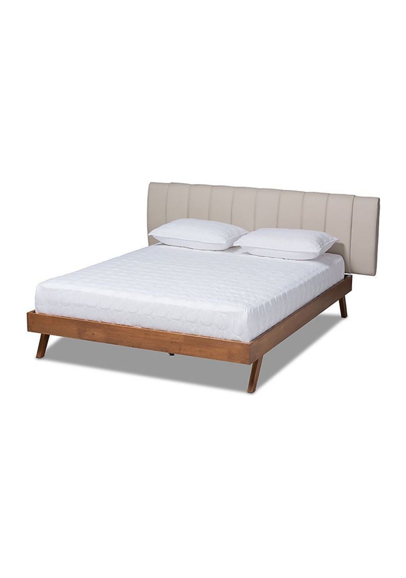 Brita Mid-Century Modern Light Beige Fabric Upholstered Walnut Finished Wood Bed