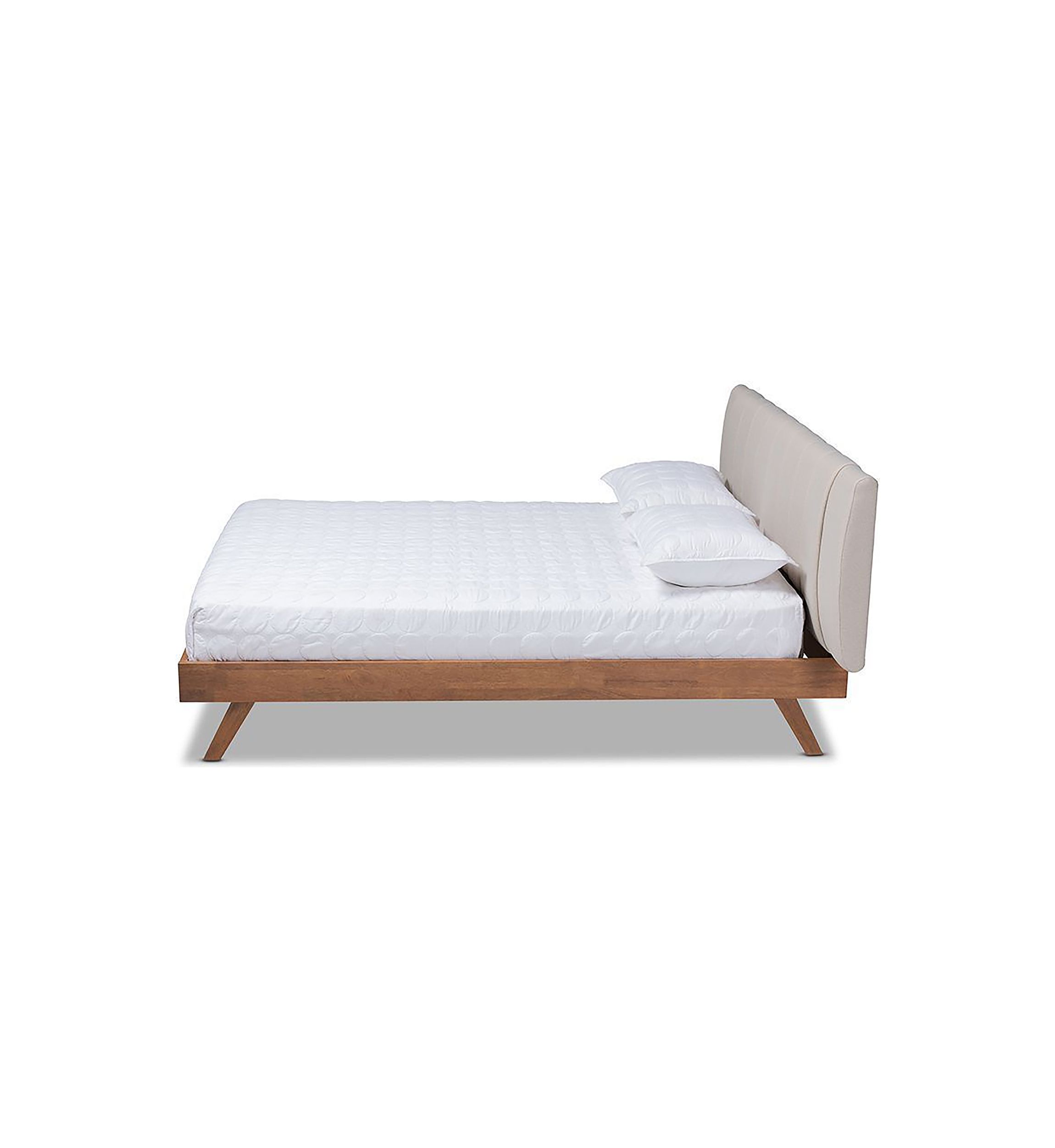 Brita Mid-Century Modern Light Beige Fabric Upholstered Walnut Finished Wood Bed