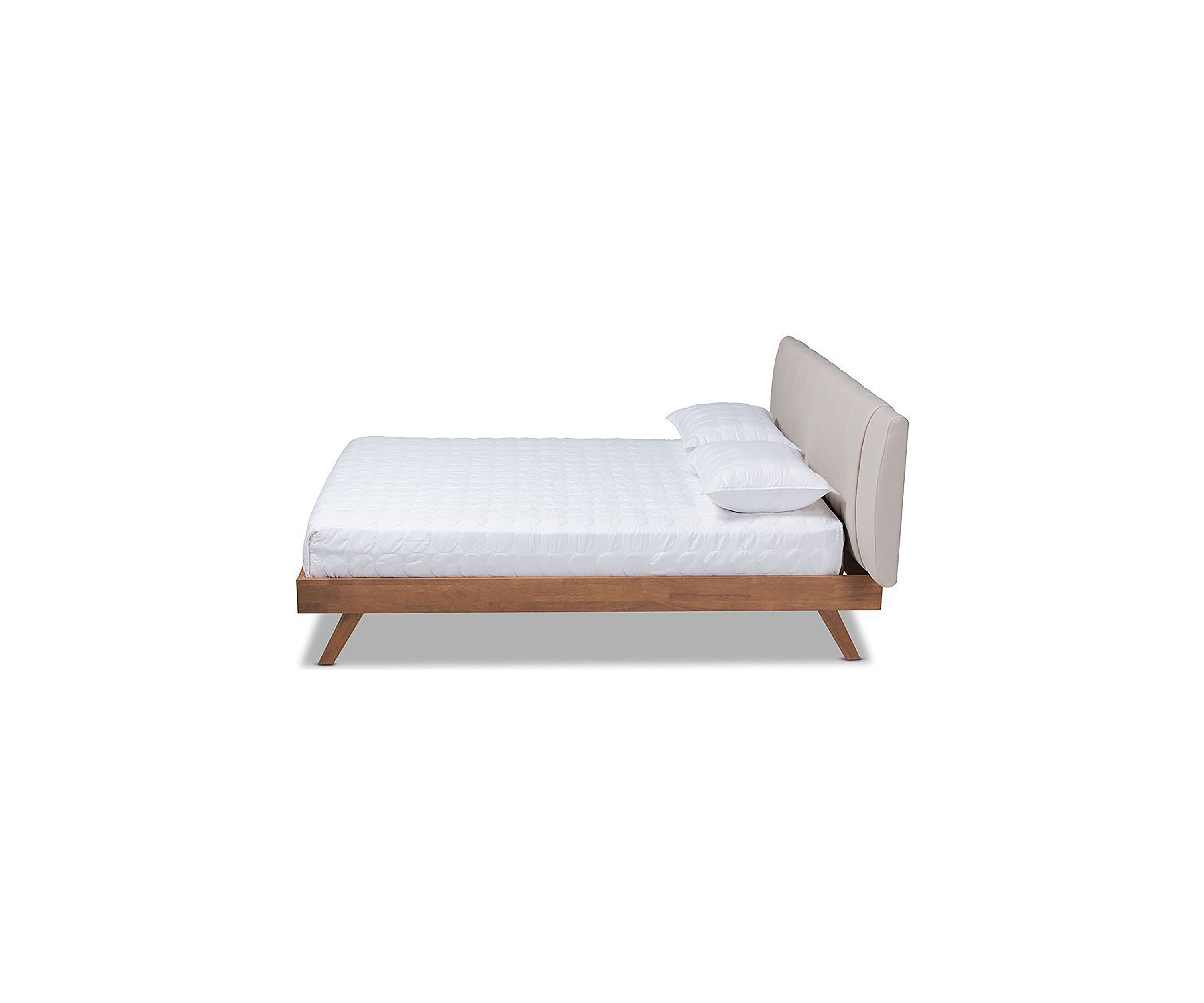 Brita Mid-Century Modern Light Beige Fabric Upholstered Walnut Finished Wood Bed