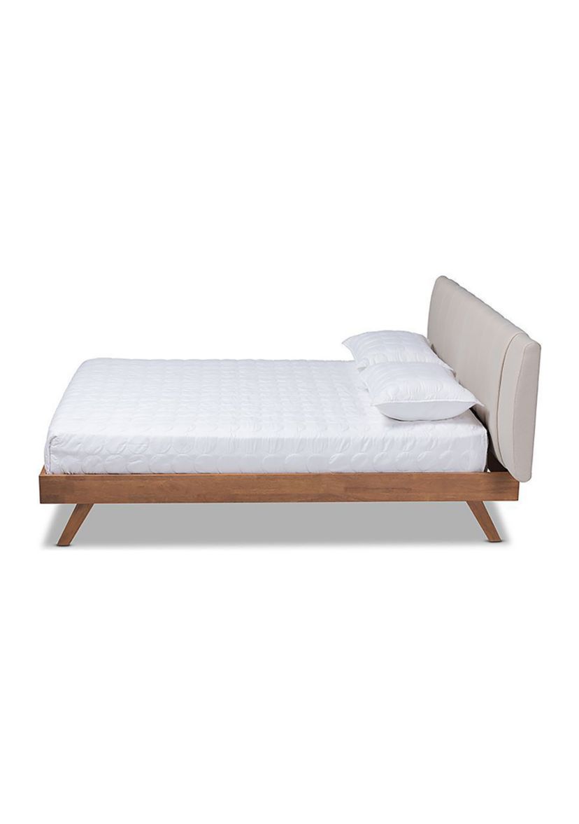 Brita Mid-Century Modern Light Beige Fabric Upholstered Walnut Finished Wood Bed