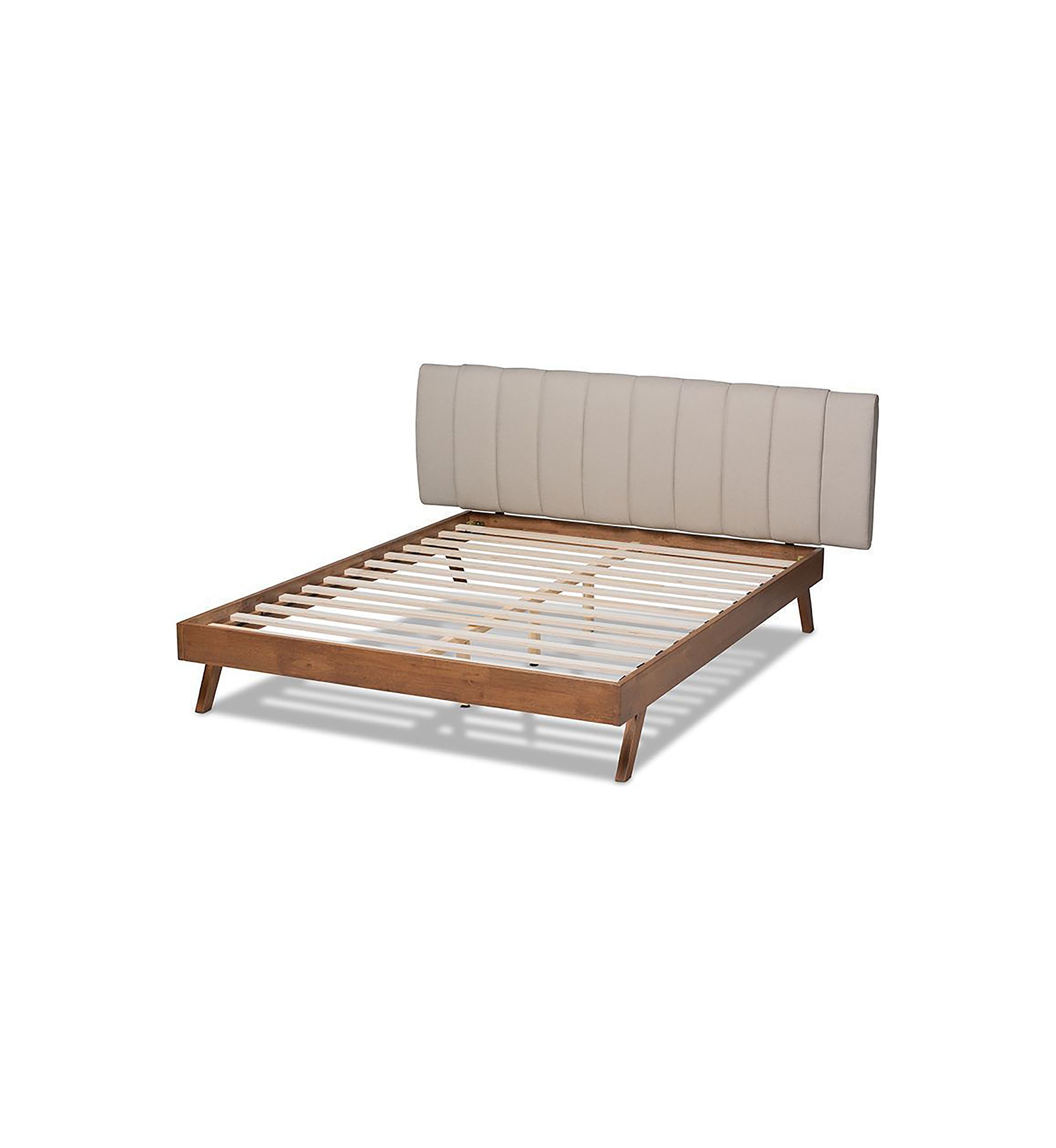 Brita Mid-Century Modern Light Beige Fabric Upholstered Walnut Finished Wood Bed