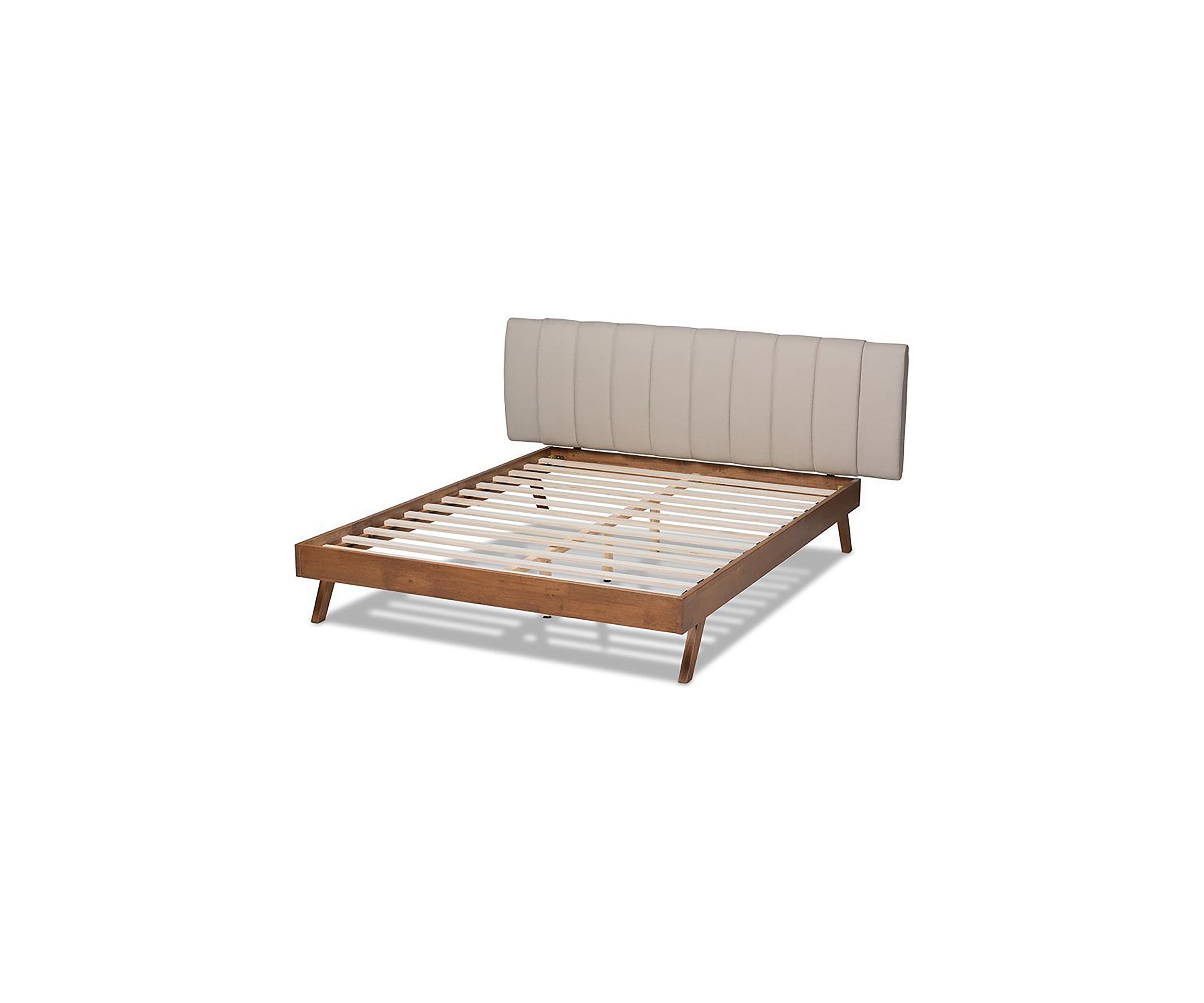 Brita Mid-Century Modern Light Beige Fabric Upholstered Walnut Finished Wood Bed