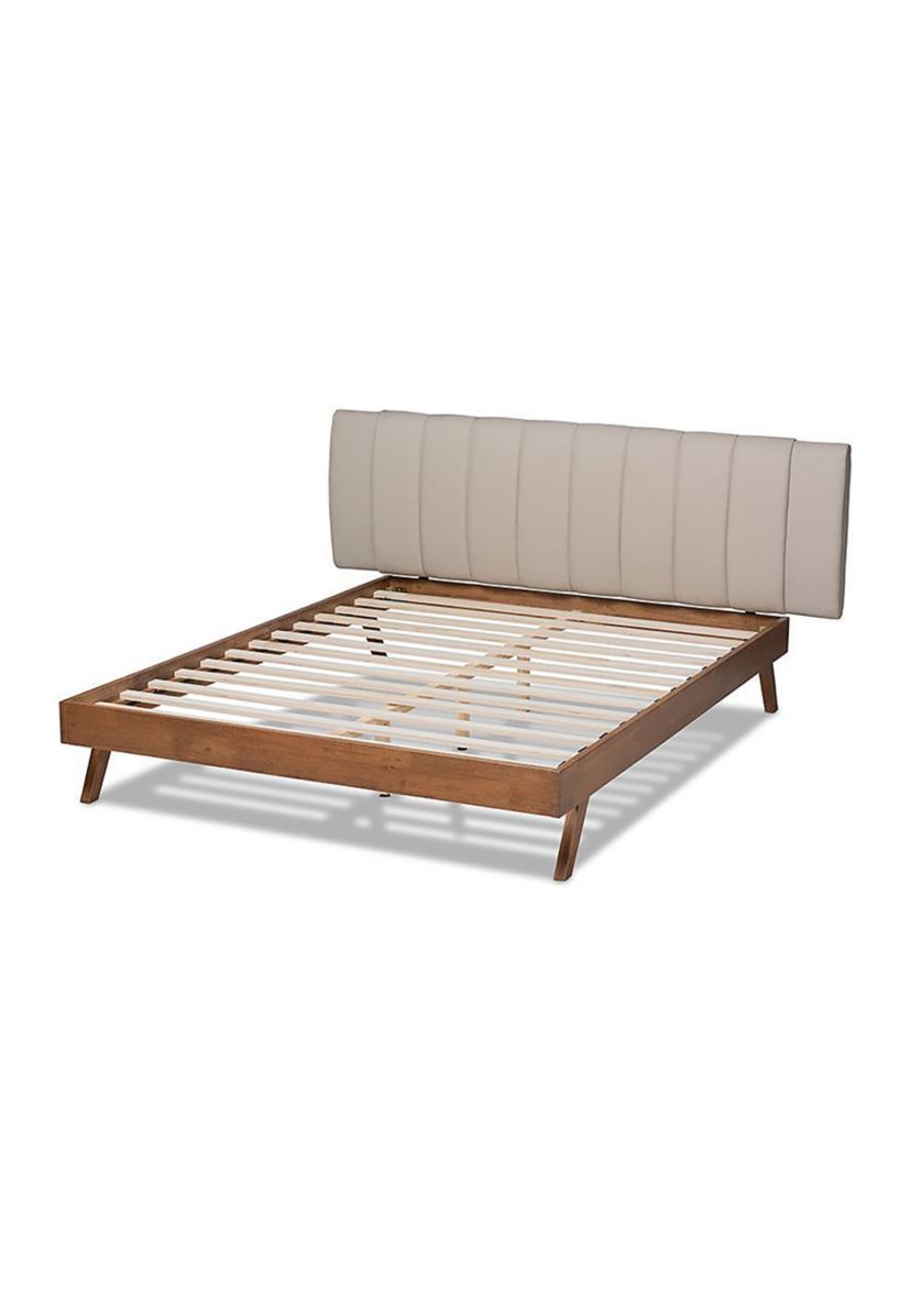 Brita Mid-Century Modern Light Beige Fabric Upholstered Walnut Finished Wood Bed