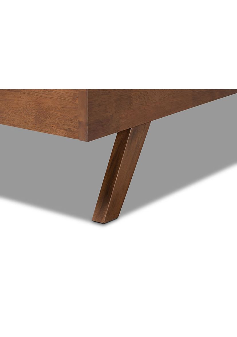 Brita Mid-Century Modern Light Beige Fabric Upholstered Walnut Finished Wood Bed
