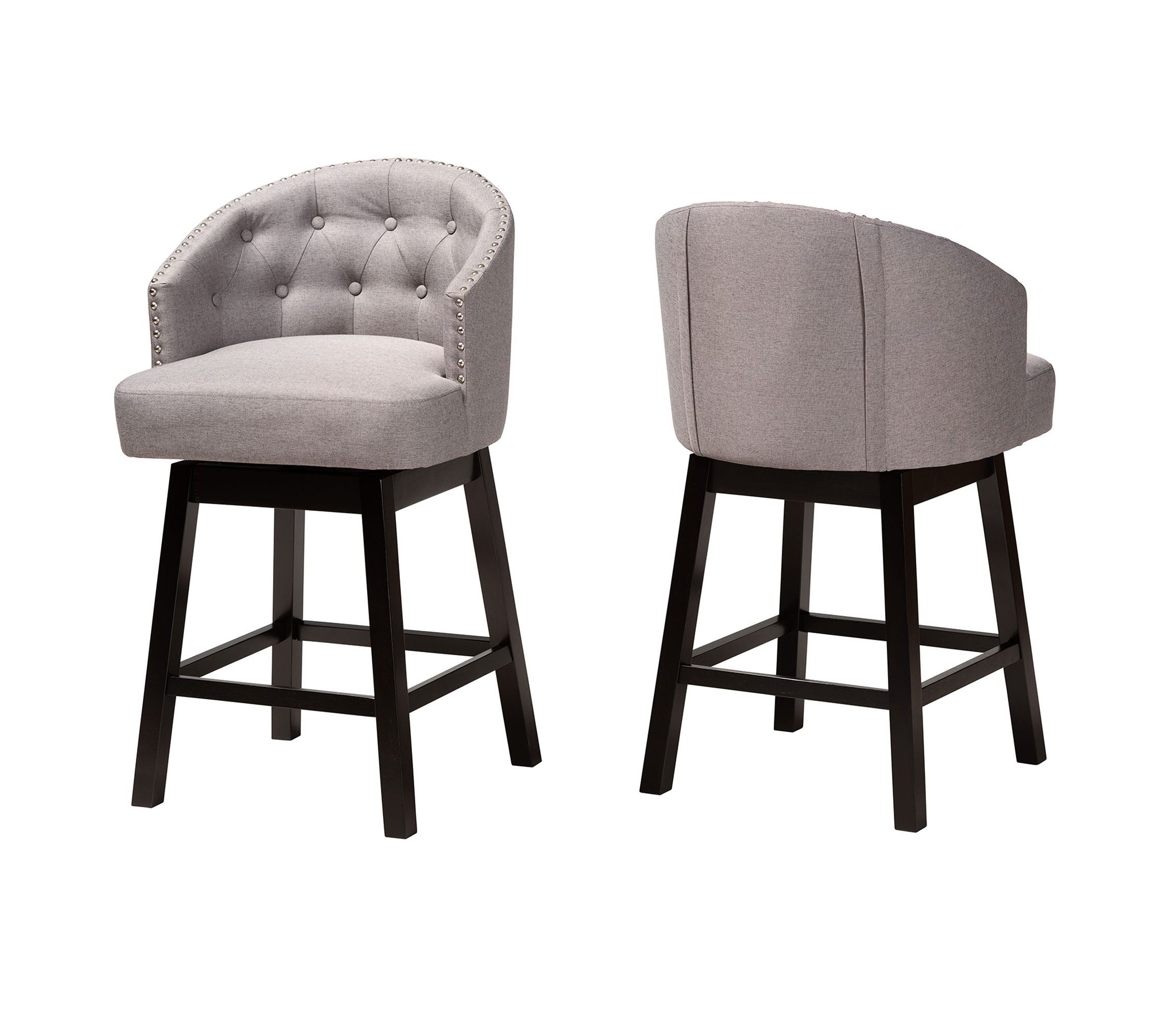 Theron Mid-Century Transitional Tan Faux Leather and Espresso Brown Finished Wood 2-Piece Swivel Counter Stool Set