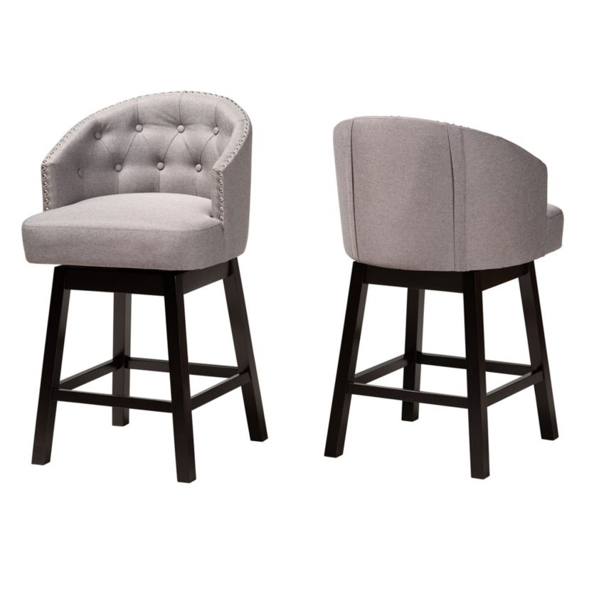 Theron Mid-Century Transitional Tan Faux Leather and Espresso Brown Finished Wood 2-Piece Swivel Counter Stool Set