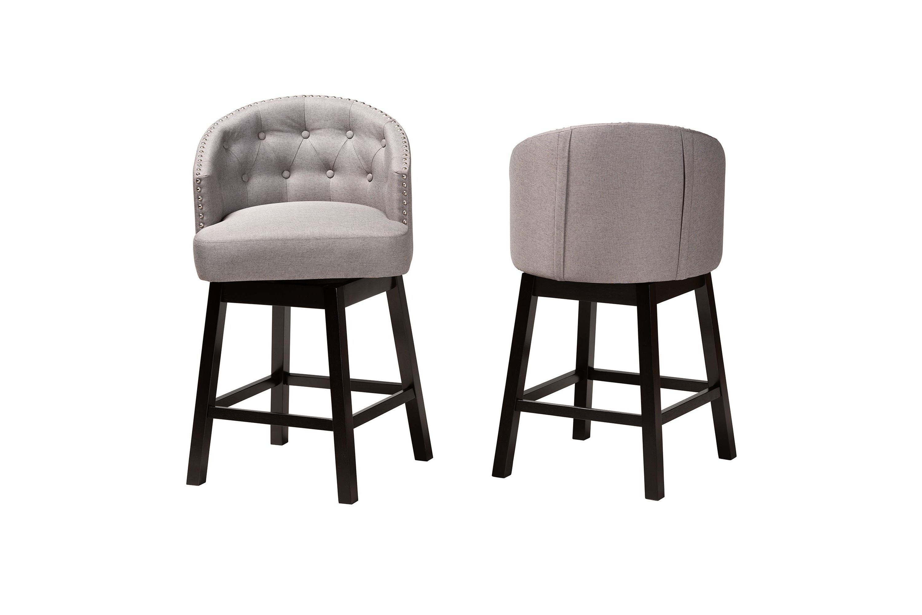 Theron Mid-Century Transitional Tan Faux Leather and Espresso Brown Finished Wood 2-Piece Swivel Counter Stool Set