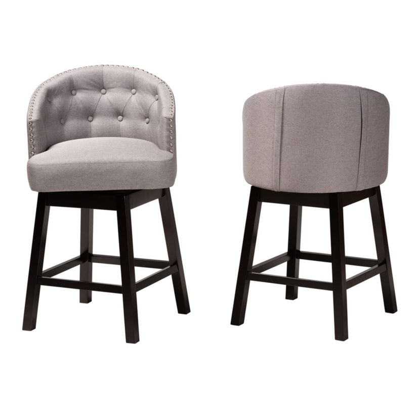 Theron Mid-Century Transitional Tan Faux Leather and Espresso Brown Finished Wood 2-Piece Swivel Counter Stool Set