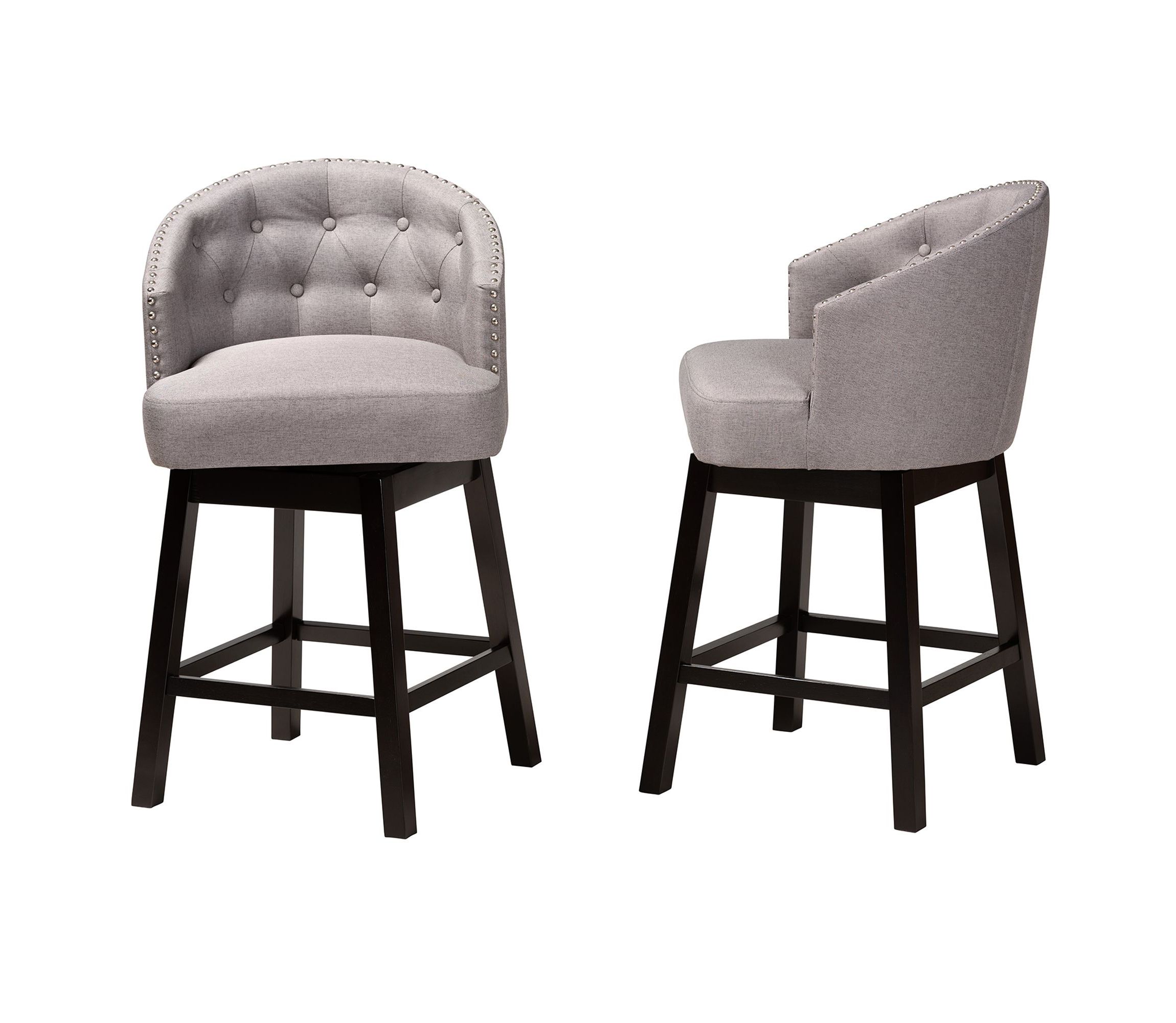 Theron Mid-Century Transitional Tan Faux Leather and Espresso Brown Finished Wood 2-Piece Swivel Counter Stool Set