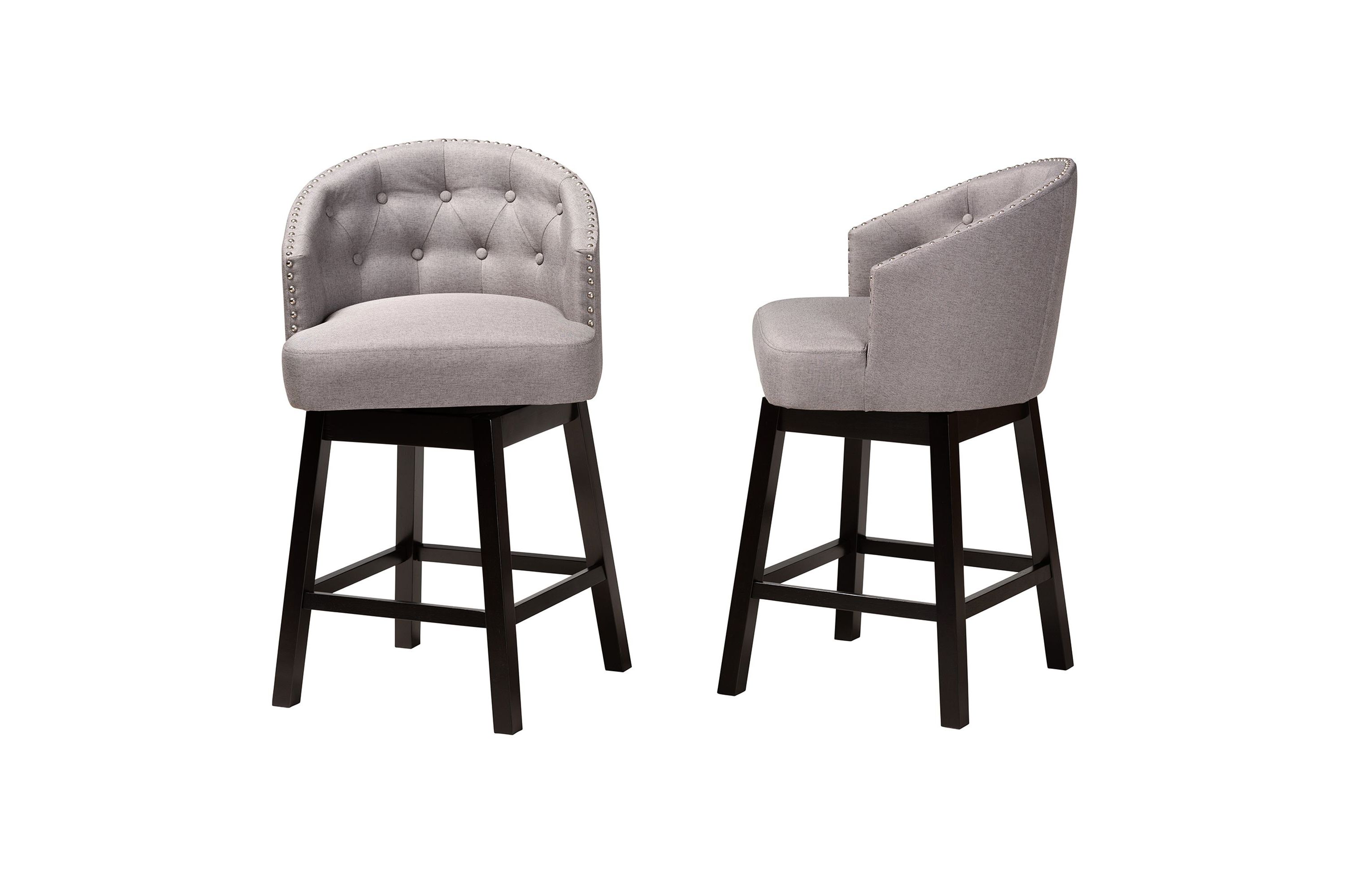 Theron Mid-Century Transitional Tan Faux Leather and Espresso Brown Finished Wood 2-Piece Swivel Counter Stool Set