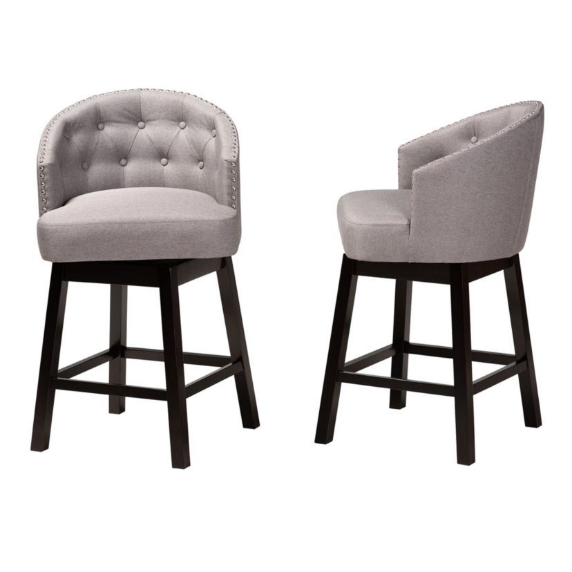 Theron Mid-Century Transitional Tan Faux Leather and Espresso Brown Finished Wood 2-Piece Swivel Counter Stool Set
