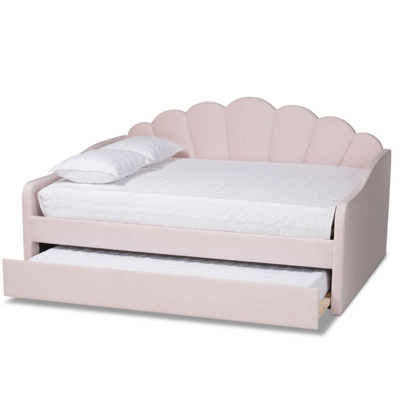 Timila Modern and Contemporary Light Pink Velvet Fabric Upholstered Queen Size Daybed