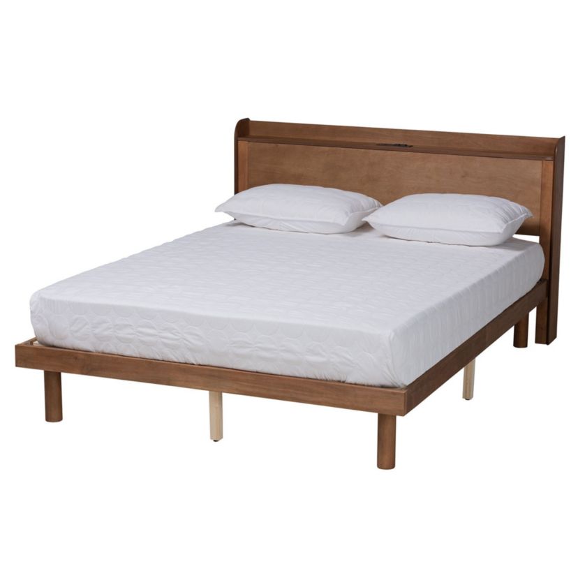 Decker Mid-Century Modern Transitional Wood Platform Bed with Charging Station