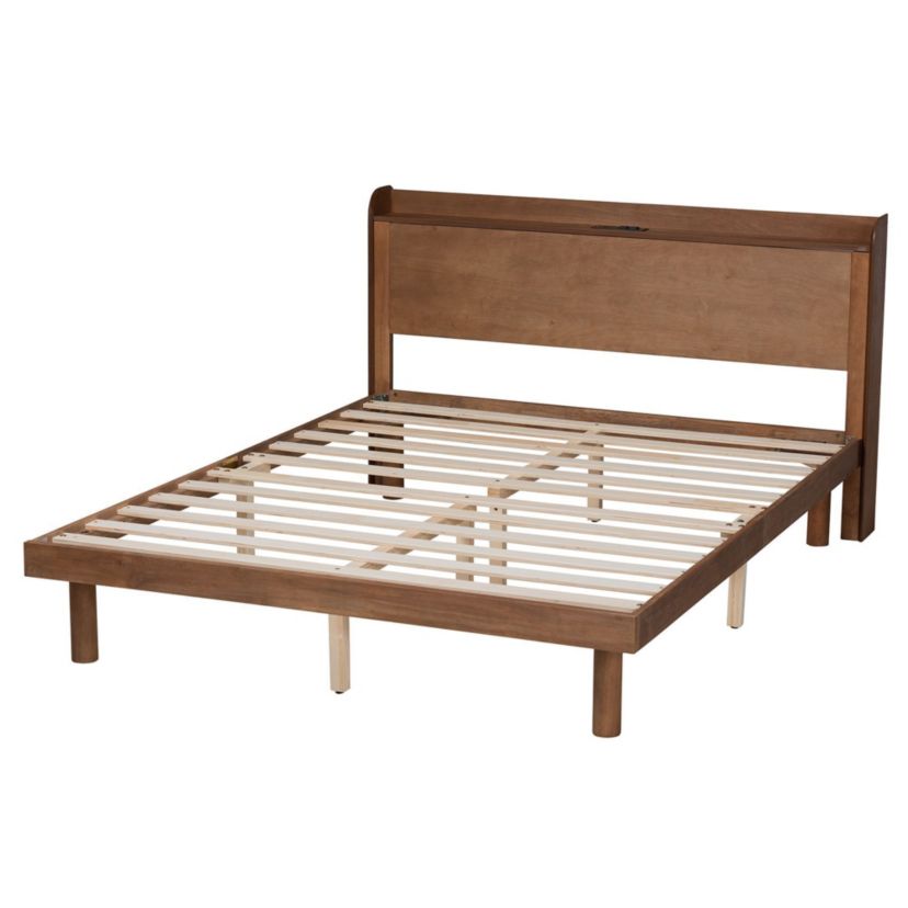 Decker Mid-Century Modern Transitional Wood Platform Bed with Charging Station