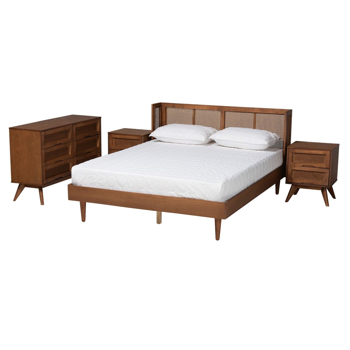 Rina Mid-Century Modern Wood 4-Piece Bedroom Set with Synthetic Rattan