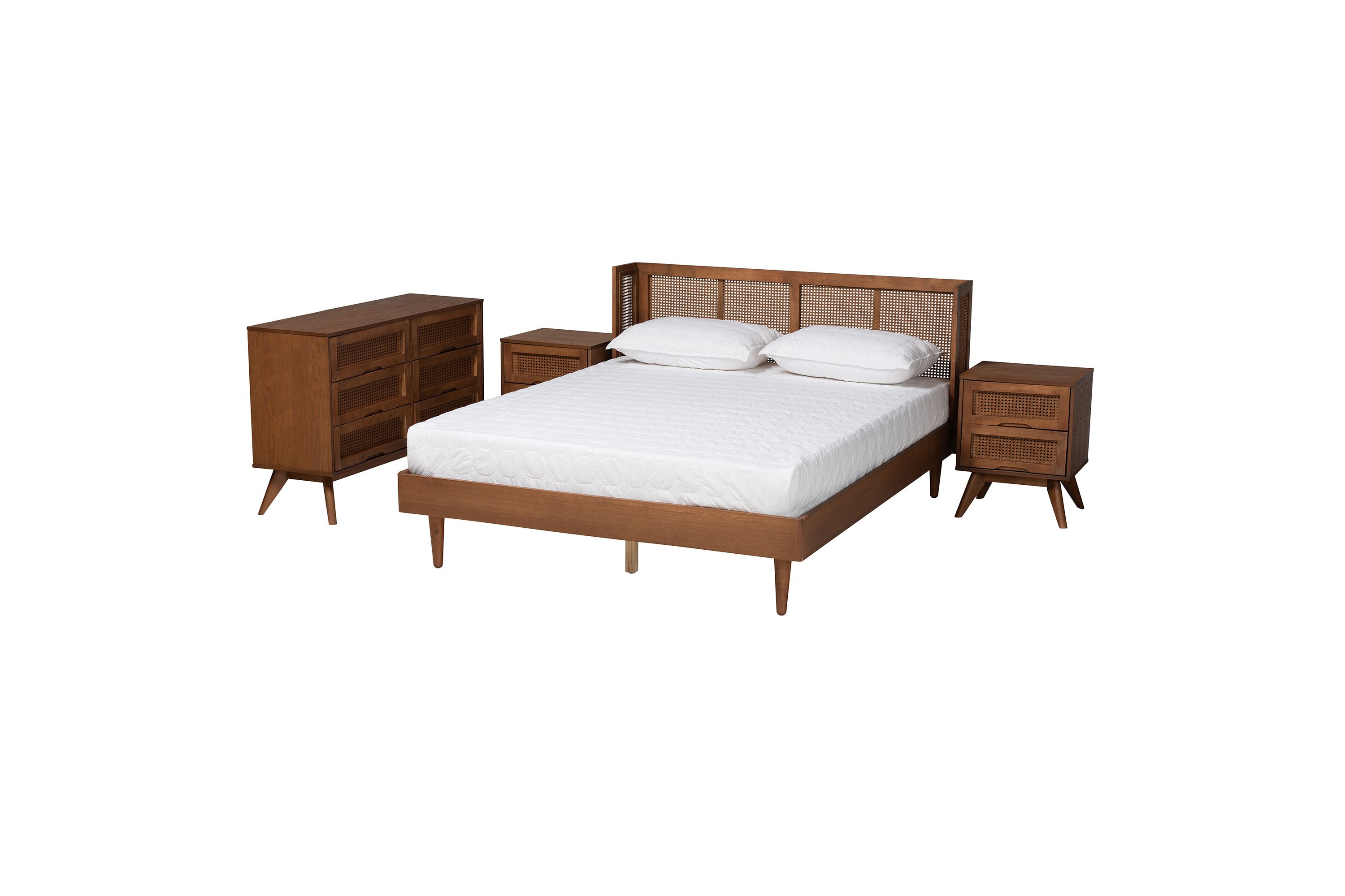 Rina Mid-Century Modern Wood 4-Piece Bedroom Set with Synthetic Rattan