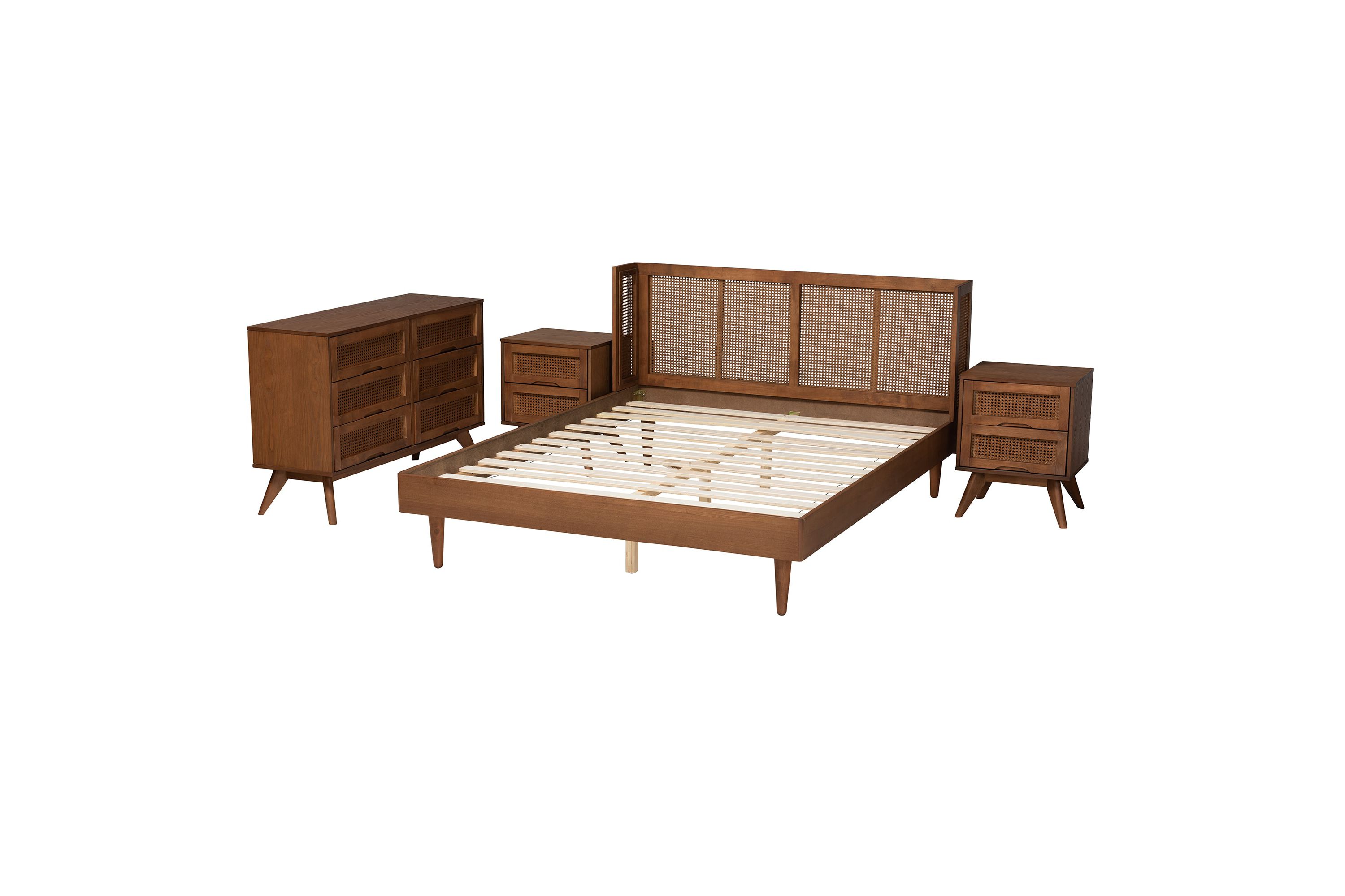 Rina Mid-Century Modern Wood 4-Piece Bedroom Set with Synthetic Rattan
