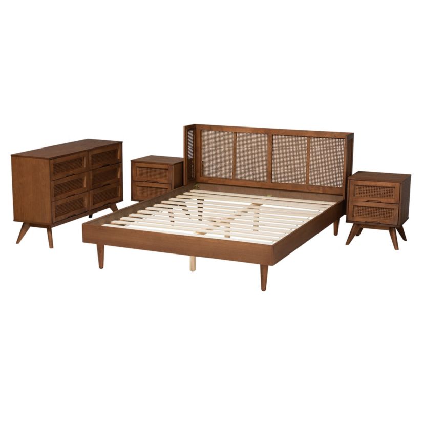 Rina Mid-Century Modern Wood 4-Piece Bedroom Set with Synthetic Rattan