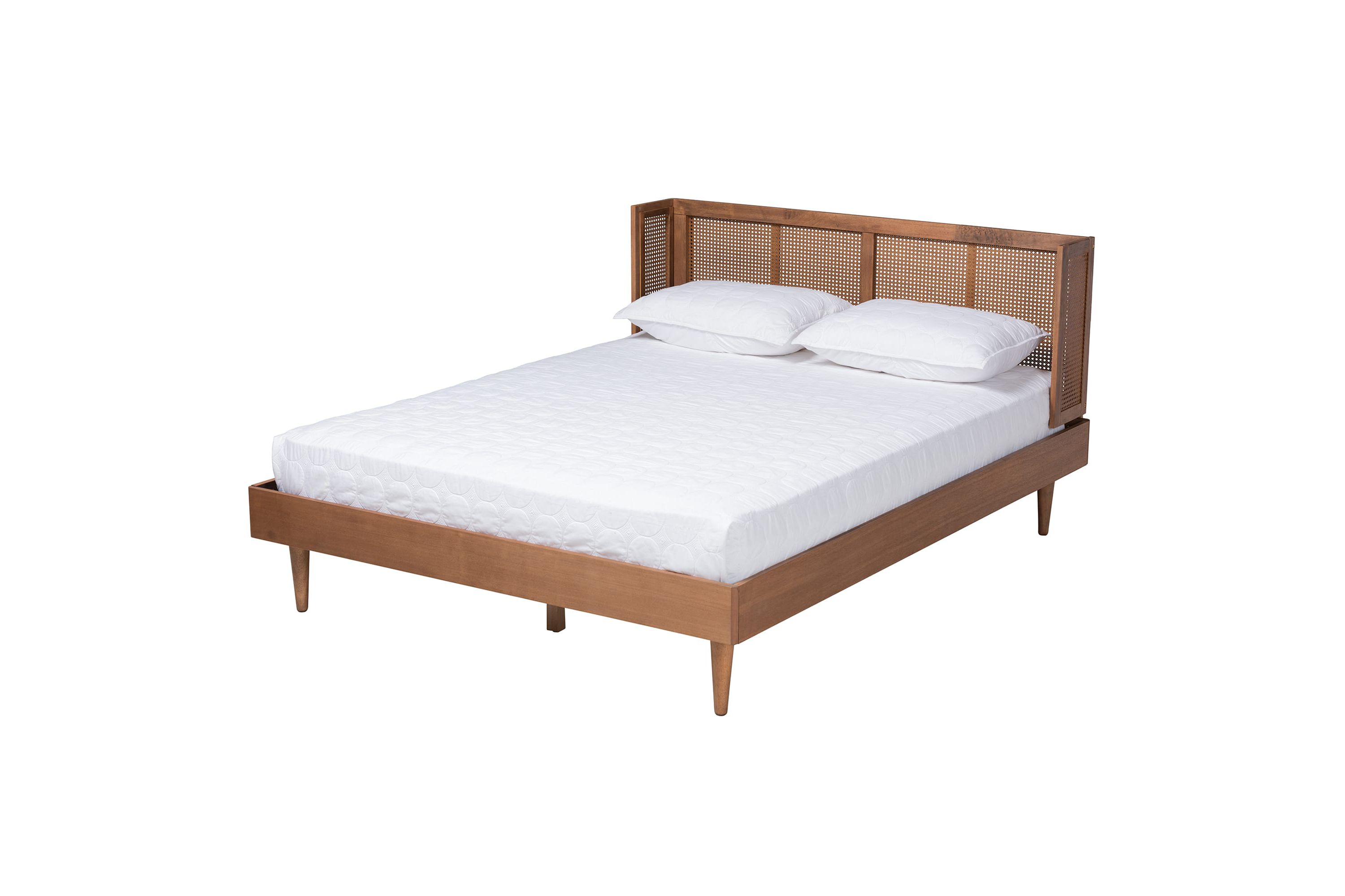 Rina Mid-Century Modern Wood 4-Piece Bedroom Set with Synthetic Rattan