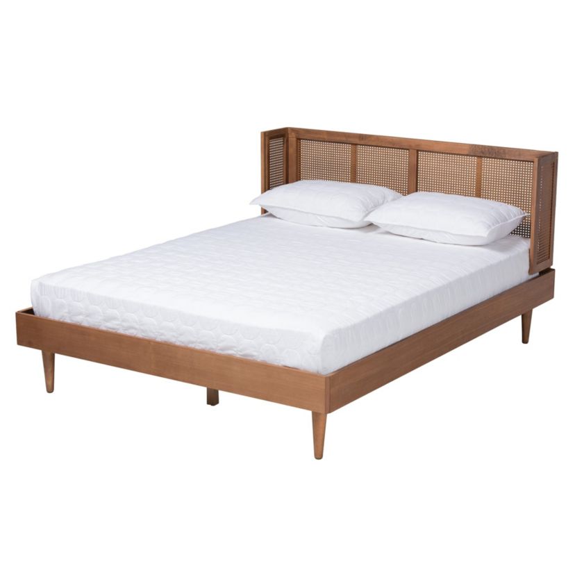 Rina Mid-Century Modern Wood 4-Piece Bedroom Set with Synthetic Rattan