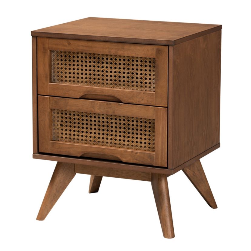Rina Mid-Century Modern Wood 4-Piece Bedroom Set with Synthetic Rattan