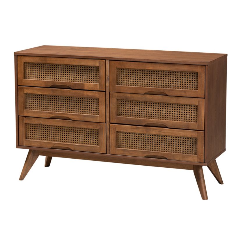 Rina Mid-Century Modern Wood 4-Piece Bedroom Set with Synthetic Rattan