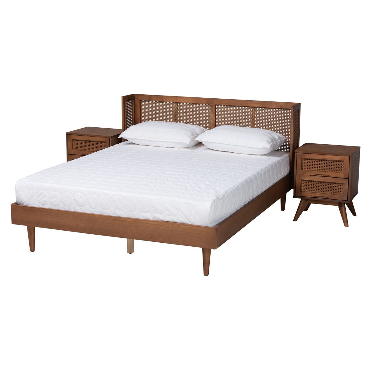 Rina Mid-Century Modern Wood 3-Piece Bedroom Set with Synthetic Rattan