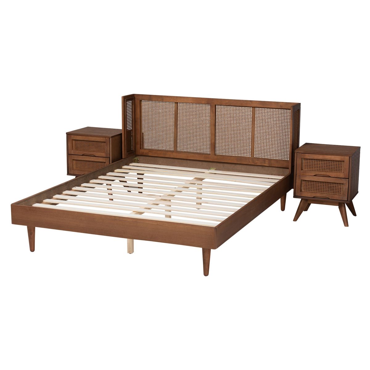 Rina Mid-Century Modern Wood 3-Piece Bedroom Set with Synthetic Rattan