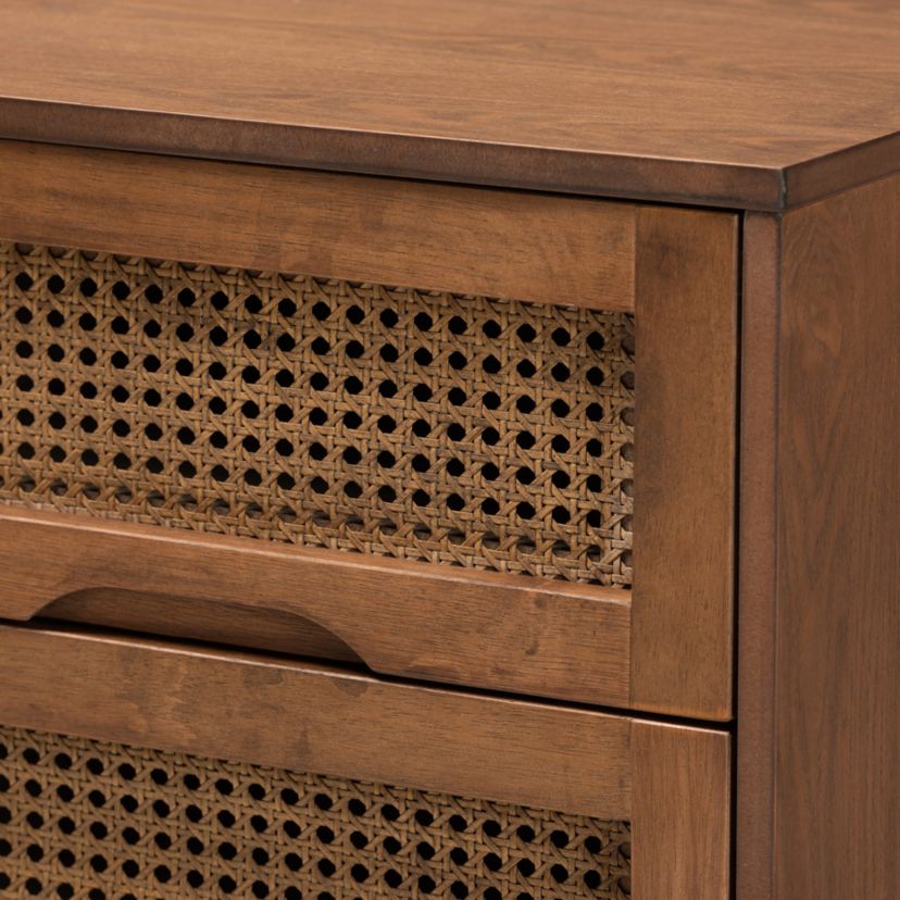 Rina Mid-Century Modern Wood 3-Piece Bedroom Set with Synthetic Rattan