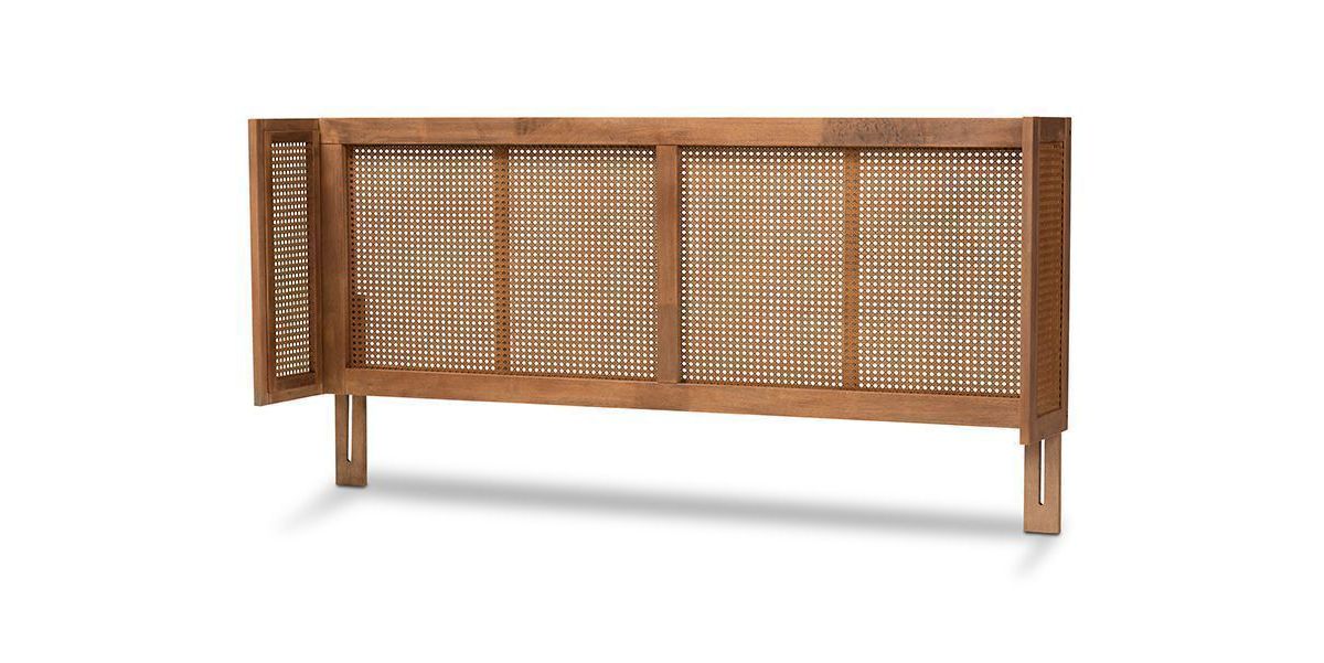 Rina Mid-Century Modern Ash Wanut Finished Wood and Synthetic Rattan Wrap-Around Headboard