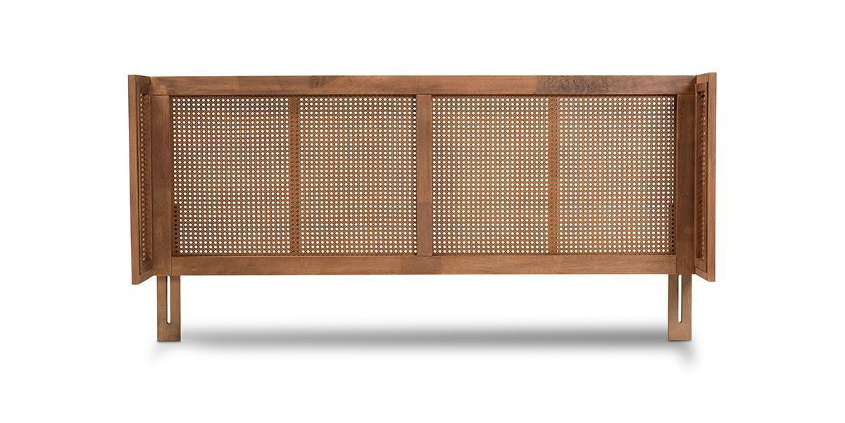Rina Mid-Century Modern Ash Wanut Finished Wood and Synthetic Rattan Wrap-Around Headboard