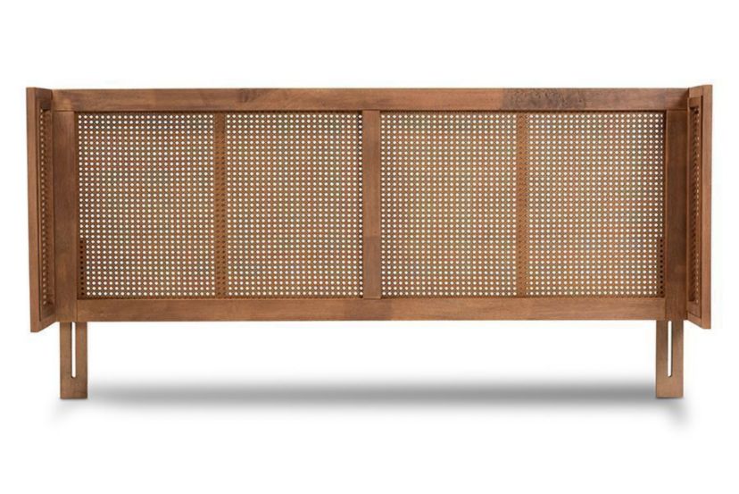 Rina Mid-Century Modern Ash Wanut Finished Wood and Synthetic Rattan Wrap-Around Headboard