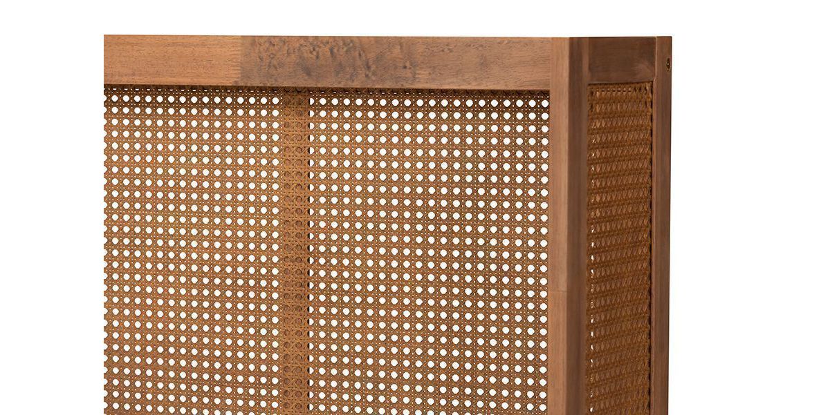 Rina Mid-Century Modern Ash Wanut Finished Wood and Synthetic Rattan Wrap-Around Headboard