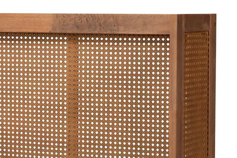 Rina Mid-Century Modern Ash Wanut Finished Wood and Synthetic Rattan Wrap-Around Headboard