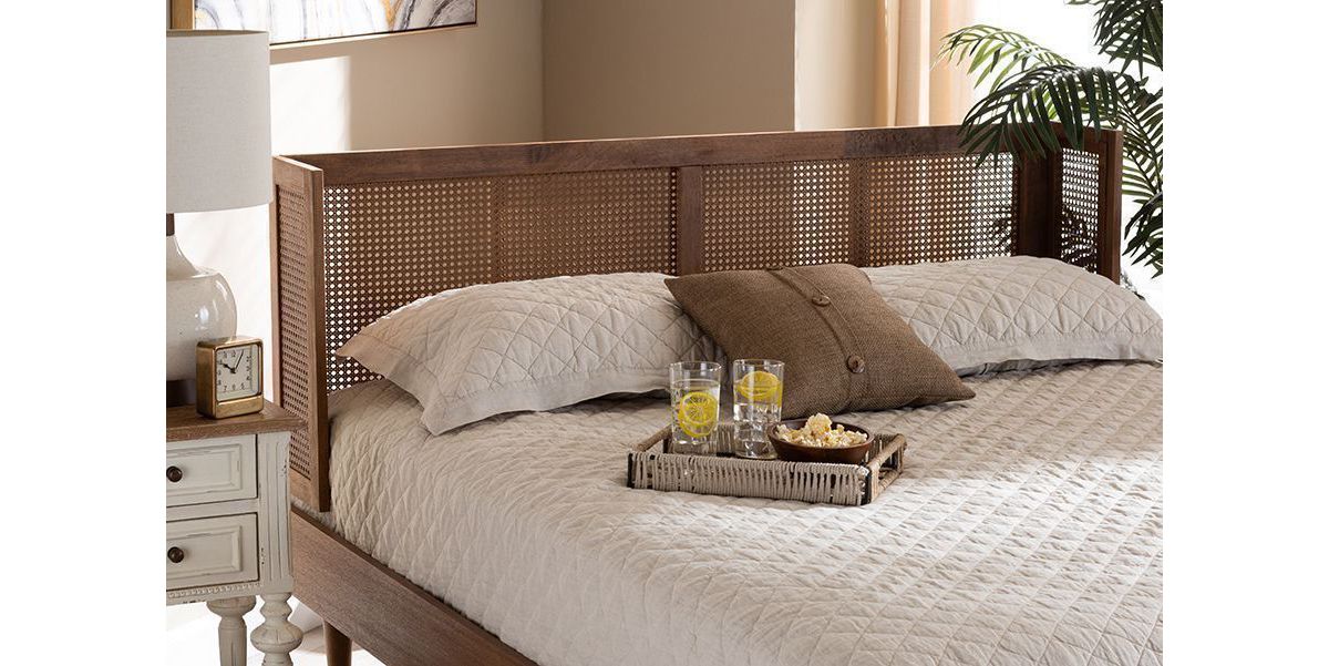 Rina Mid-Century Modern Ash Wanut Finished Wood and Synthetic Rattan Wrap-Around Headboard