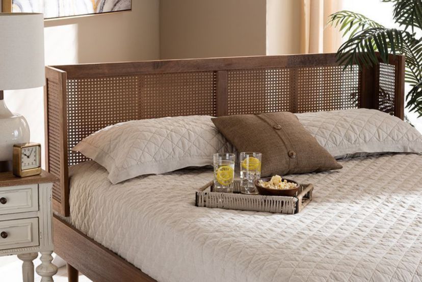 Rina Mid-Century Modern Ash Wanut Finished Wood and Synthetic Rattan Wrap-Around Headboard