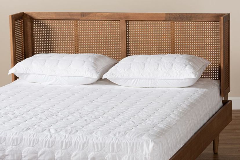 Rina Mid-Century Modern Ash Wanut Finished Wood and Synthetic Rattan Wrap-Around Headboard