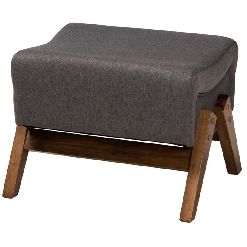 Hanson Mid-Century Modern Dark Grey Fabric and Walnut Brown Finished Wood Ottoman