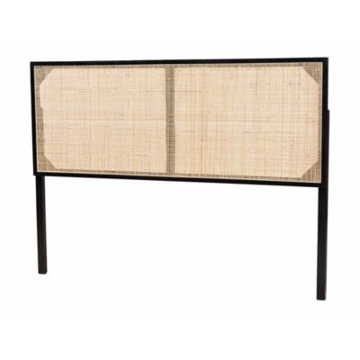 bali & pari Aurelia Modern Bohemian Dark Brown Finished Bayur Wood and Natural Rattan Queen Size Headboard, Black
