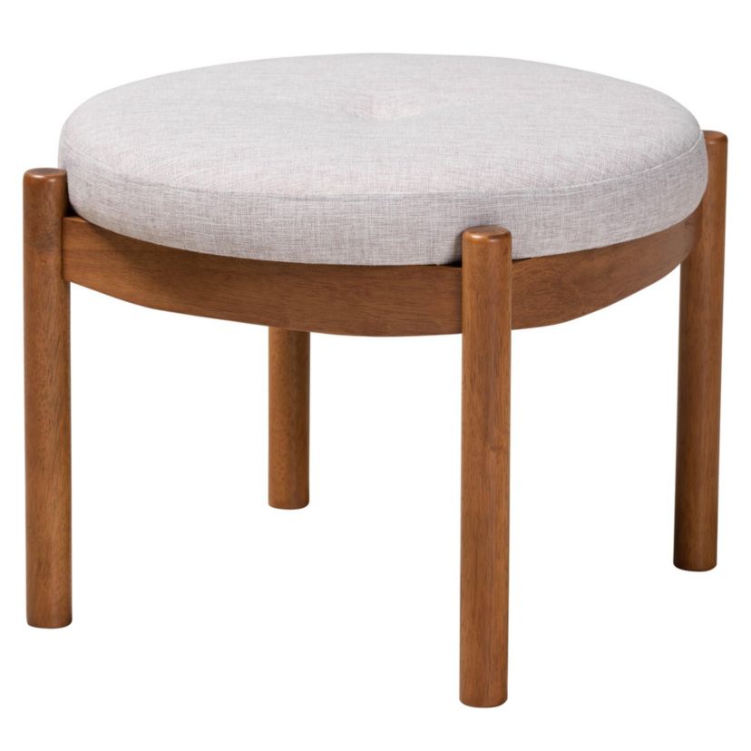 Iliana Japandi Cream Boucle Fabric and Walnut Brown Finished Rubberwood Ottoman Footstool