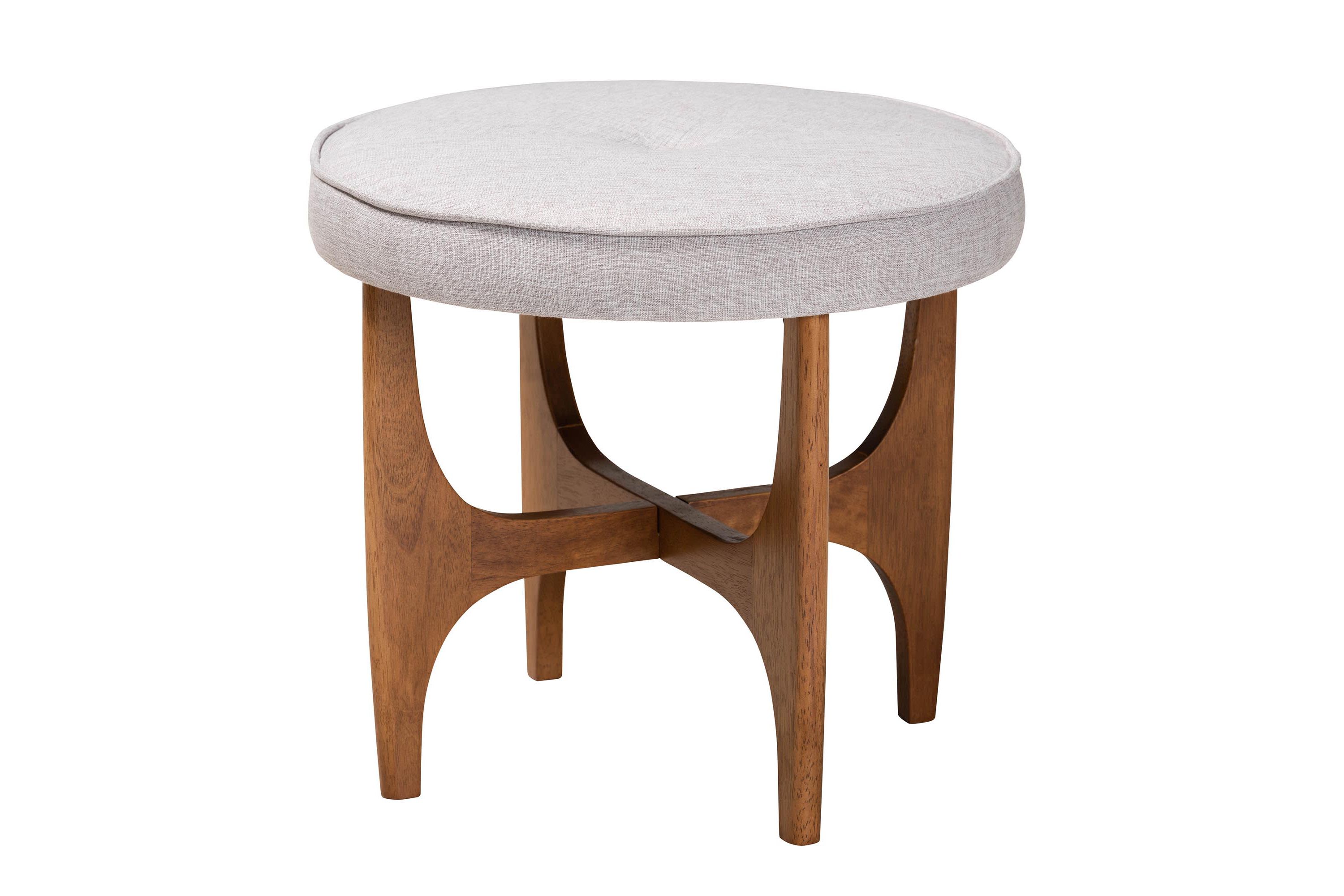 Theo Japandi Dark Grey Fabric and Walnut Brown Finished Wood Ottoman Footstool