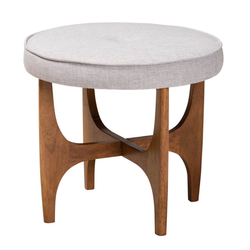Theo Japandi Dark Grey Fabric and Walnut Brown Finished Wood Ottoman Footstool