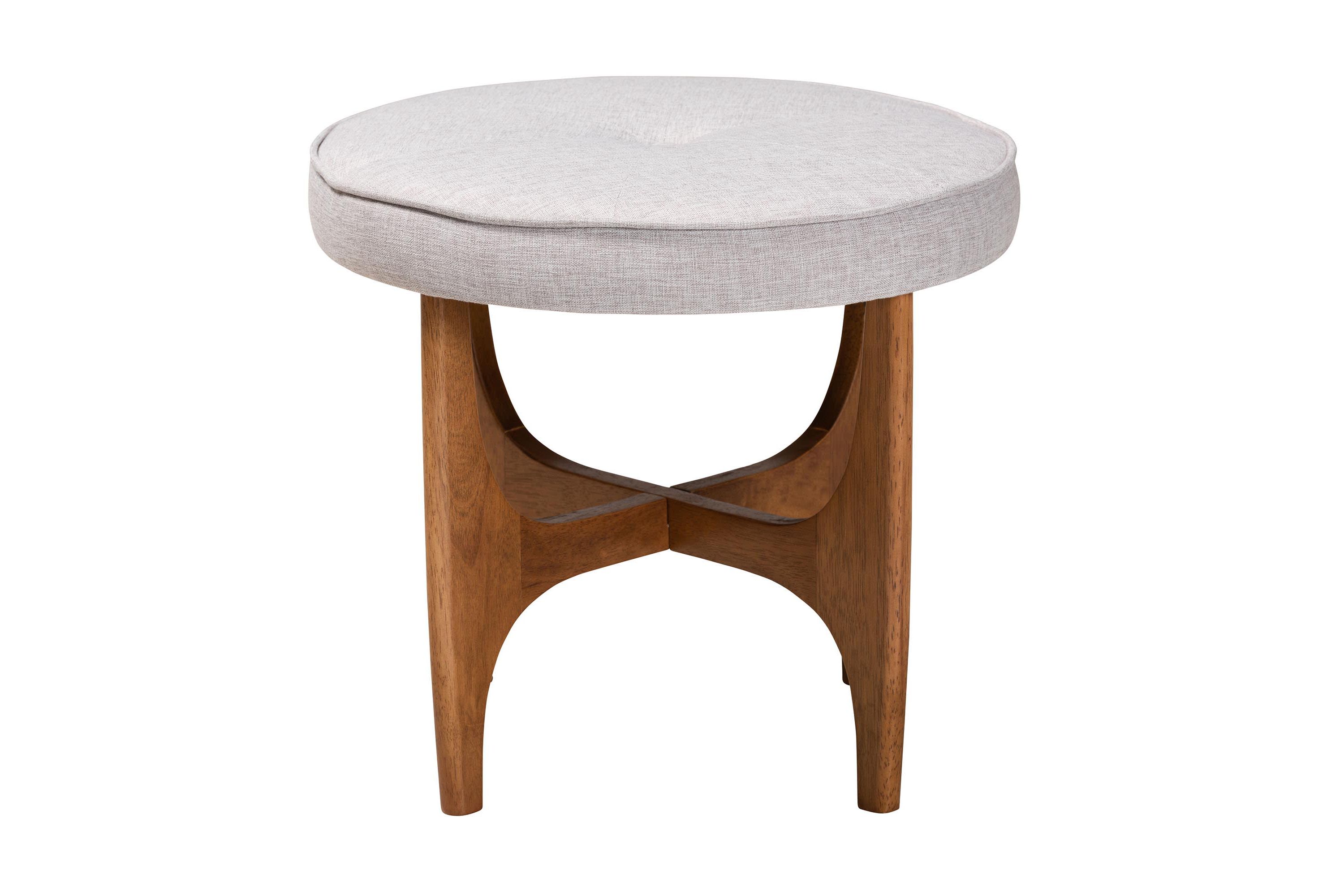 Theo Japandi Dark Grey Fabric and Walnut Brown Finished Wood Ottoman Footstool