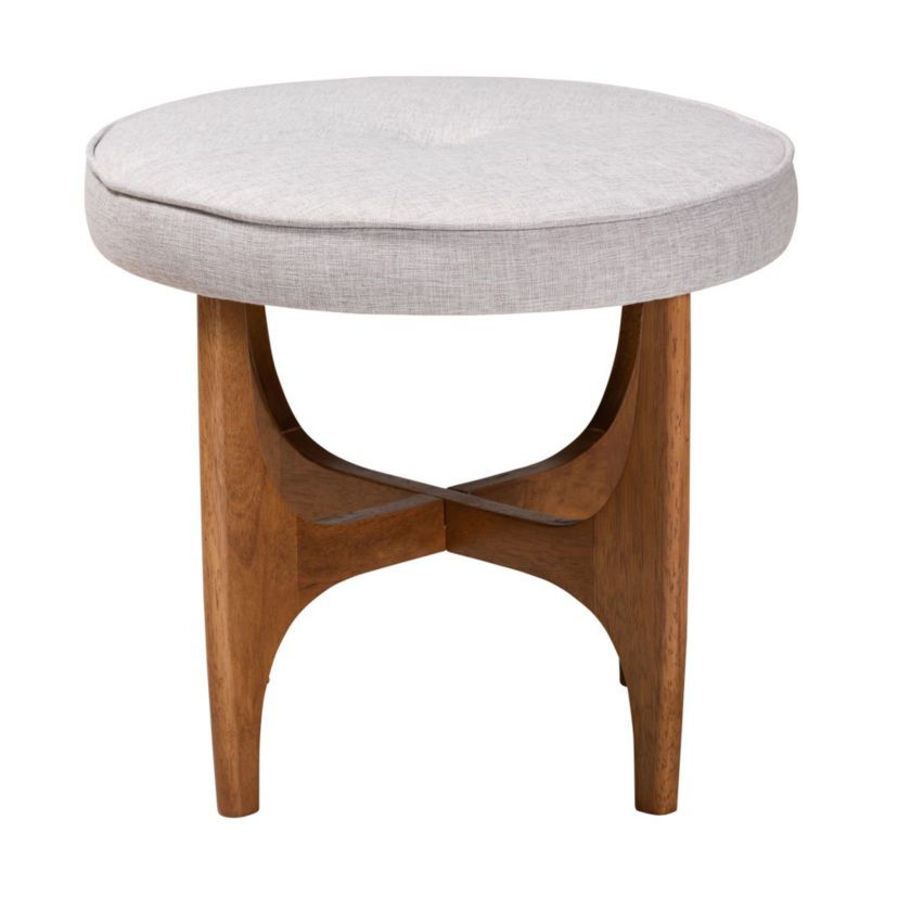 Theo Japandi Dark Grey Fabric and Walnut Brown Finished Wood Ottoman Footstool