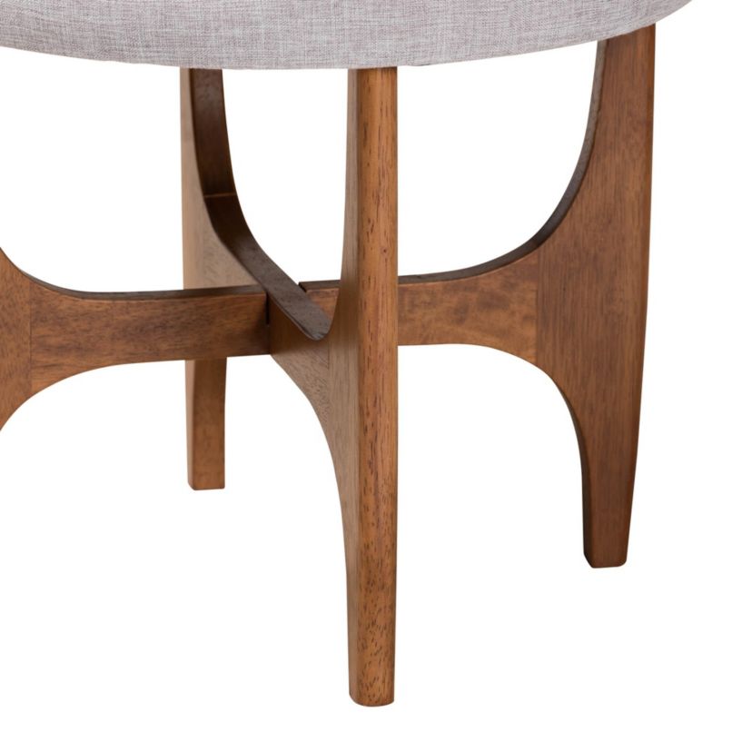 Theo Japandi Dark Grey Fabric and Walnut Brown Finished Wood Ottoman Footstool