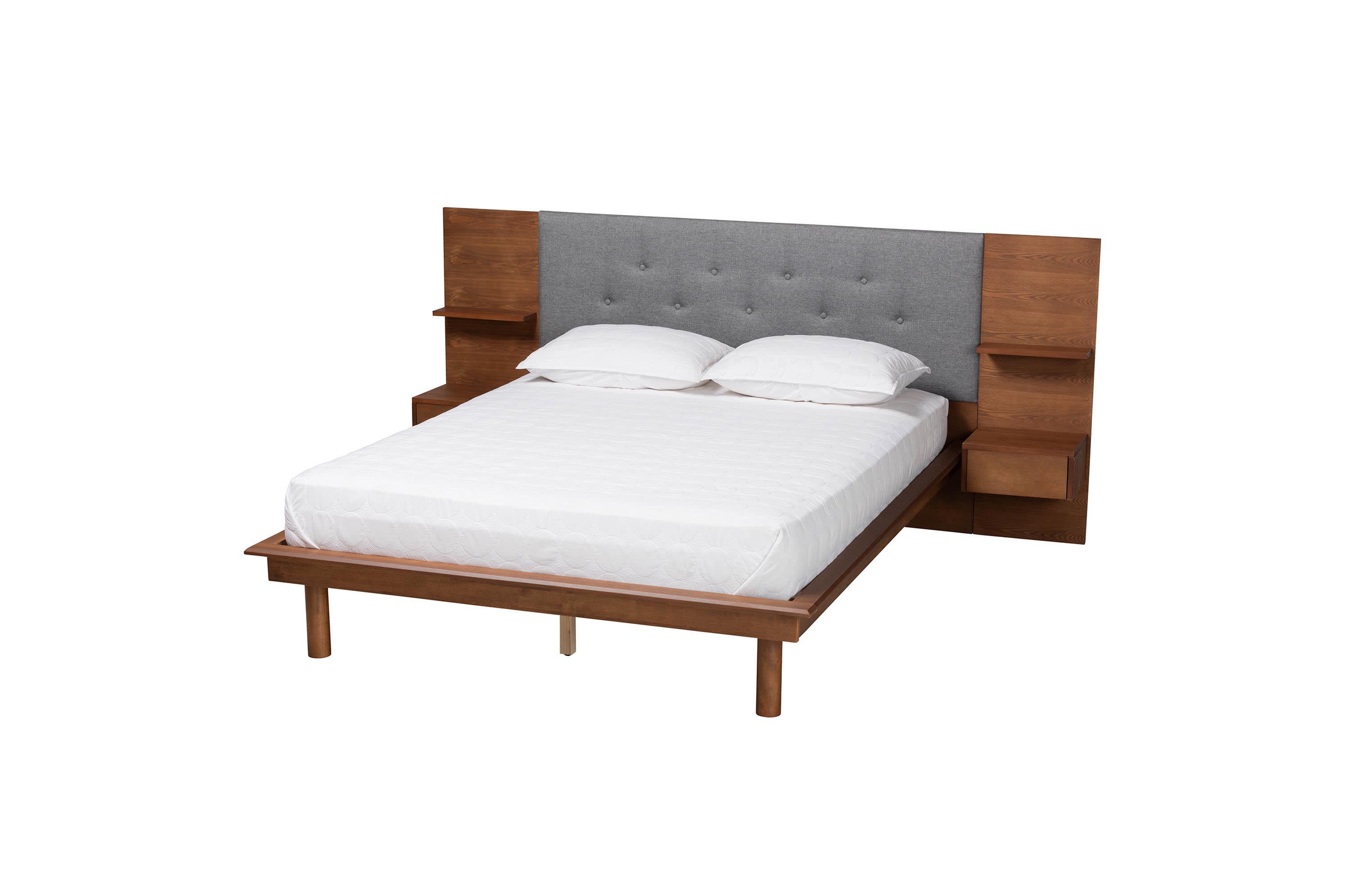 Eliana Mid-Century Modern Transitional Grey Fabric and Ash Walnut Finished Wood King Size Platform Storage Bed with Built-In Nightstands