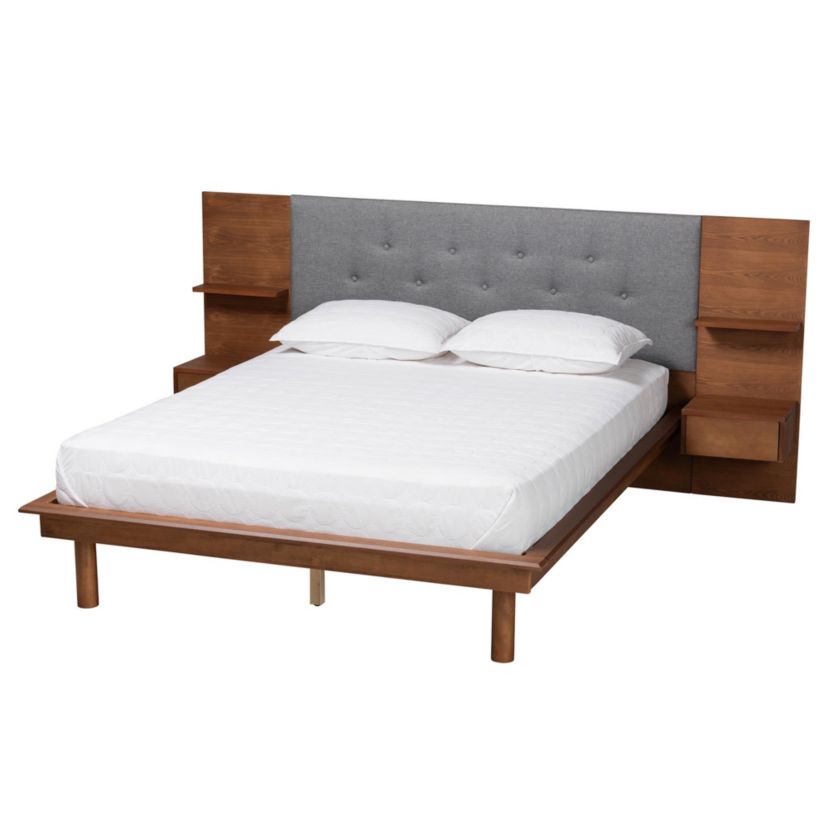 Eliana Mid-Century Modern Transitional Grey Fabric and Ash Walnut Finished Wood King Size Platform Storage Bed with Built-In Nightstands