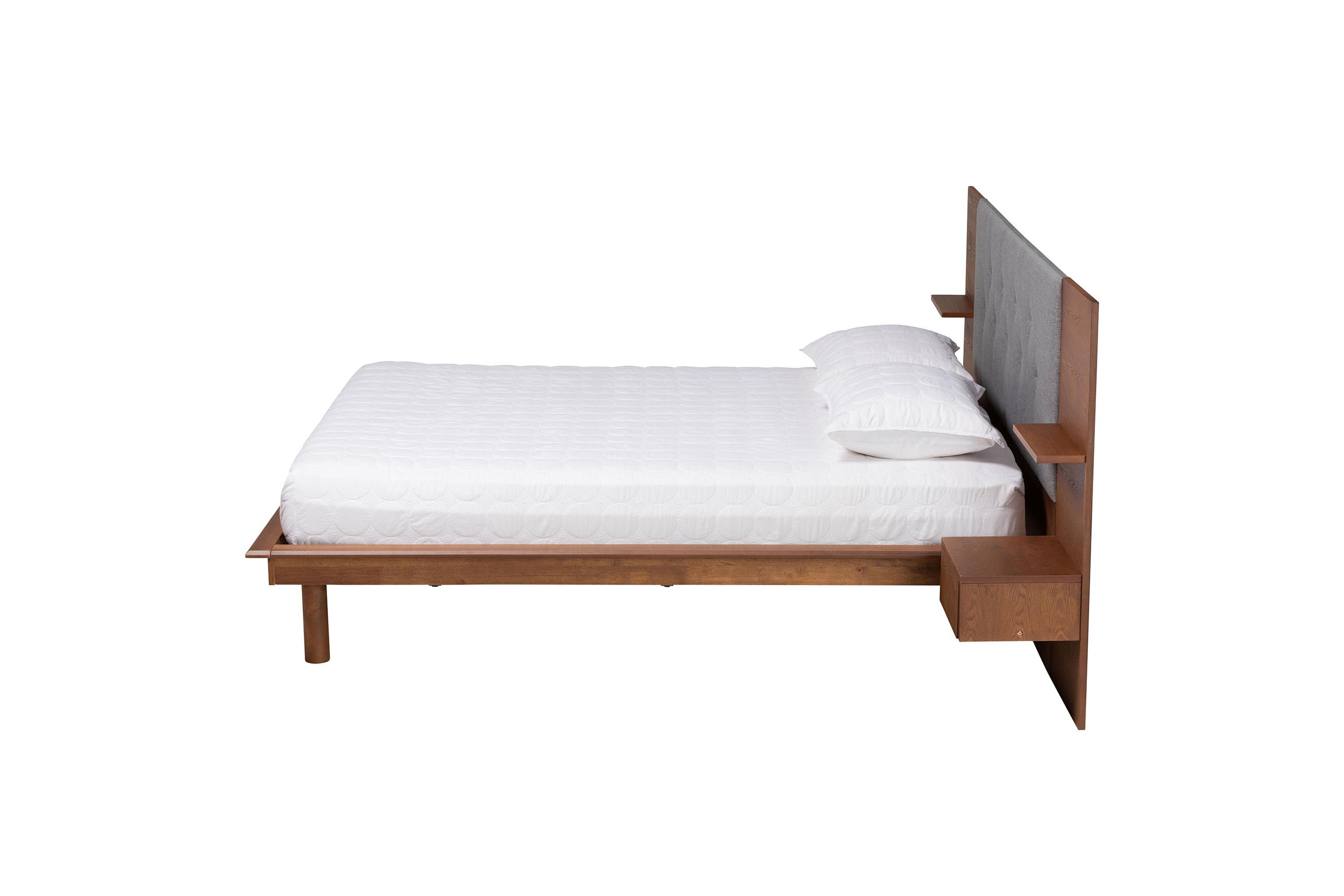 Eliana Mid-Century Modern Transitional Grey Fabric and Ash Walnut Finished Wood King Size Platform Storage Bed with Built-In Nightstands