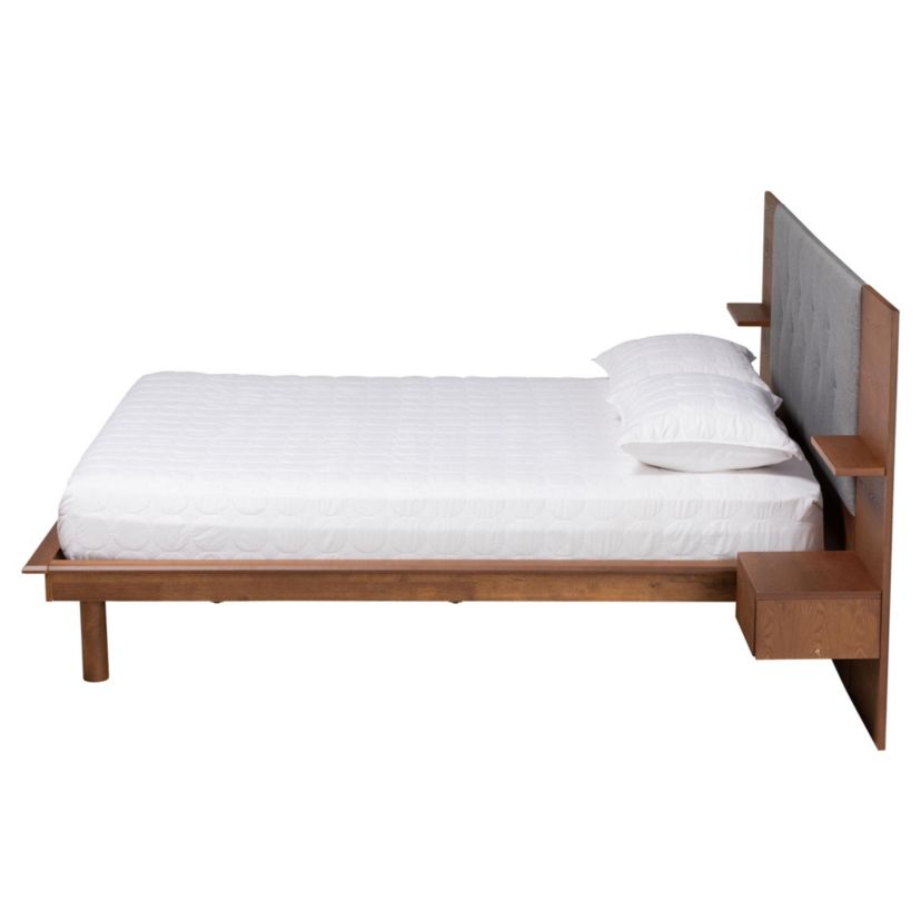 Eliana Mid-Century Modern Transitional Grey Fabric and Ash Walnut Finished Wood King Size Platform Storage Bed with Built-In Nightstands
